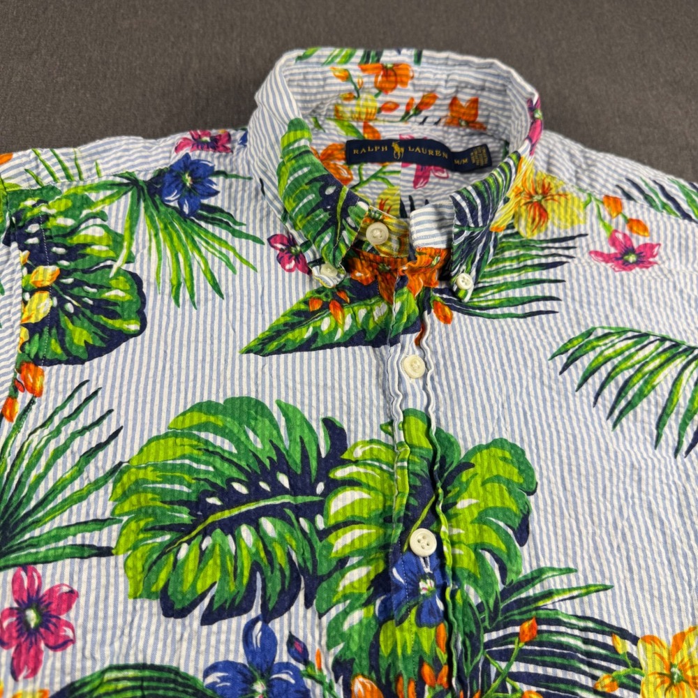 Ralph‎ Lauren Mens Seersucker Tropical Floral Button Down Shirt Blue White  M